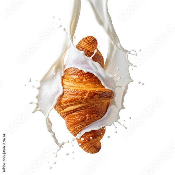 Fototapeta Golden Croissant with Dynamic Milk Splash in Motion