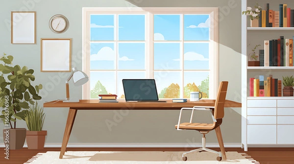 Fototapeta  A home office with an open laptop on a desk next to a large window (2)
