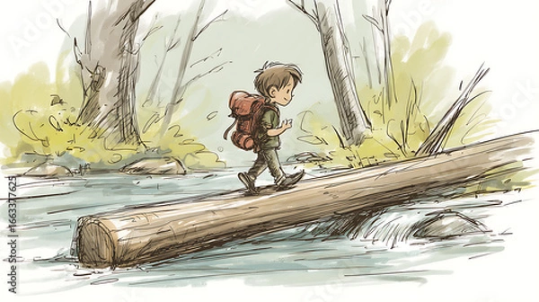 Fototapeta  A young adventurer crossing a creek using a wooden log (2)