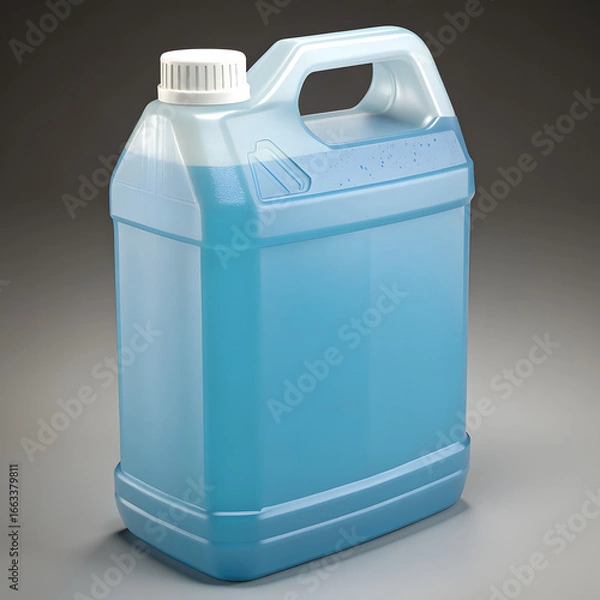 Fototapeta Translucent blue liquid in a rectangular plastic jug with a white cap and handle