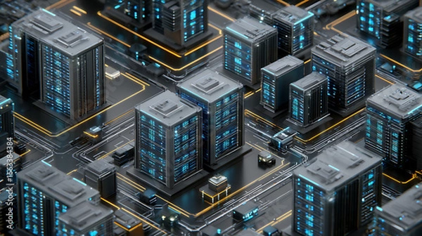 Fototapeta  Top view of network servers in a cyber security hub 