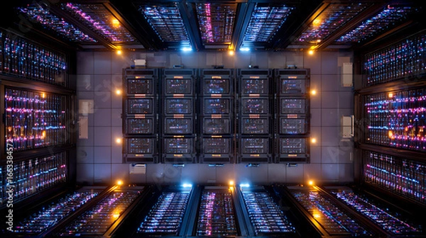 Fototapeta  Top view of network servers in a cyber security hub (1)