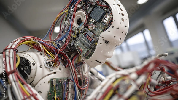Fototapeta  An artificially intelligent robot being assembled with high-tech computer internals 