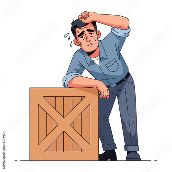 Fototapeta Tired Worker Beside Crate: A weary individual leans against a wooden crate, sweat beading on their brow, reflecting the strain of physical exertion or the weight of responsibilities.