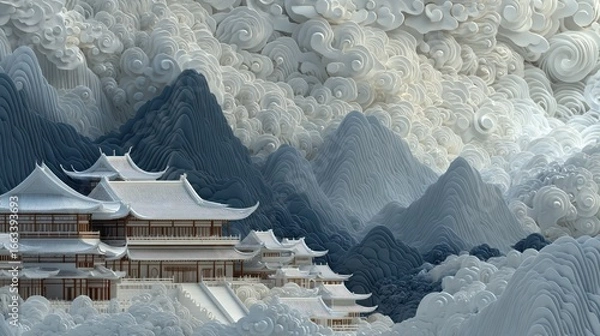 Obraz White temple amidst swirling clouds, mountains