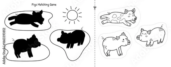 Fototapeta Cut and glue game with cute pigs in the mud in outline. Black and white educational activity page for kids. Farm matching game for school and preschool. Vector illustration