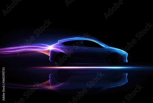 Fototapeta Sleek electric car, rendered in vibrant blue and purple light trails against a black background, reflecting on a glossy surface, suggesting speed and futuristic design