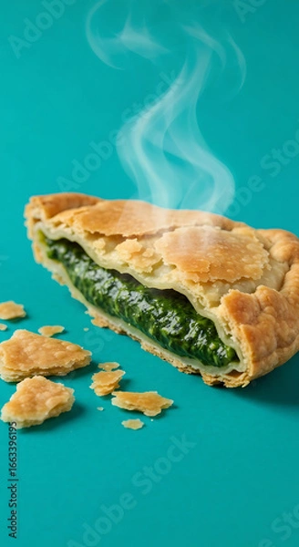 Fototapeta Spinach Pie Slice with Steam on Blue Background