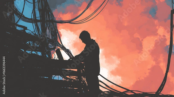 Fototapeta  Silhouette of an IT worker trying to restore a downed network 