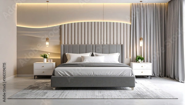 Fototapeta Luxurious contemporary bedroom with a designer upholstered bed and a sophisticated backlit feature wall creating a serene and stylish ambiance