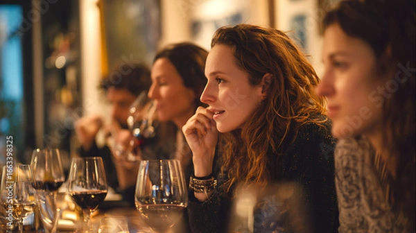 Fototapeta  A gallery of art critics sipping wine and discussing latest trends around a table (1)