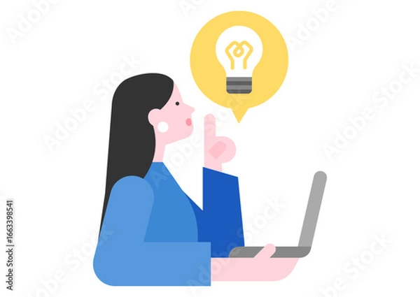 Obraz ノートパソコンを使うひらめいた顔をしたビジネスウーマンと電球のイラスト