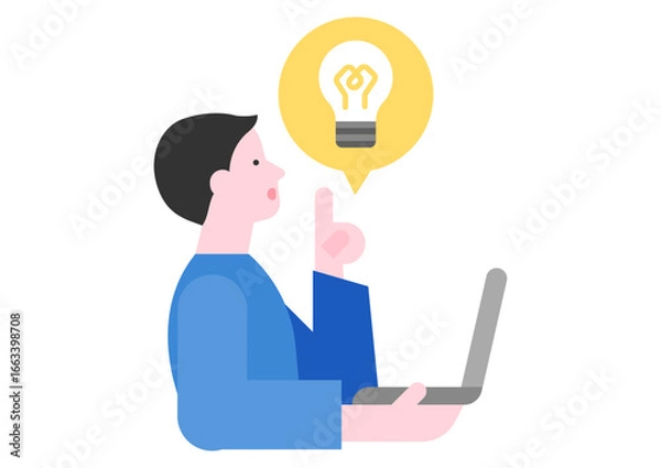 Obraz ノートパソコンを使うひらめいた顔をしたビジネスマンと電球のイラスト	