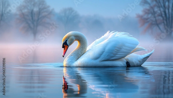Fototapeta Ethereal white swan reflecting in the calm, misty waters of a tranquil morning