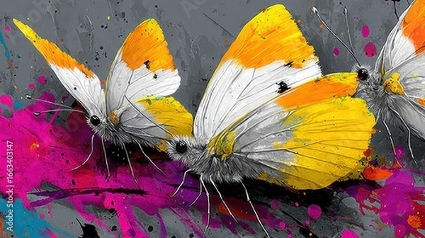Obraz Vibrant butterflies on a colorful splattered background