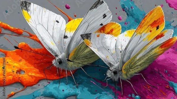 Obraz Two butterflies, vibrant colors, paint splatters