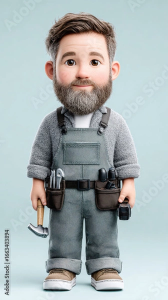 Fototapeta Carpenter, A cartoon bearded carpenter holding a hammer, showcasing a cheerful work attitude in a playful design.
