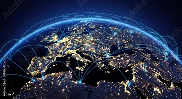 Obraz Global Network: Europe and Africa Illuminated with Interconnected Blue Lines
