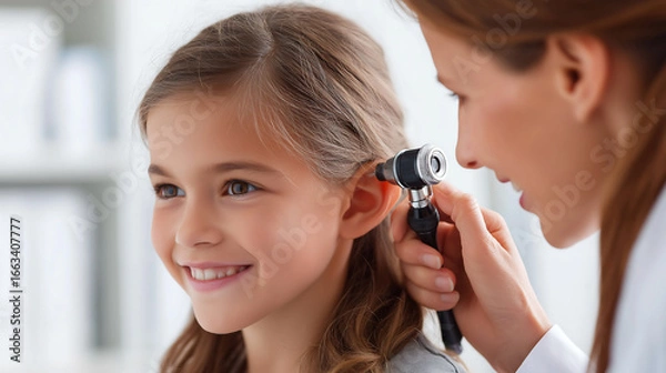 Obraz An professional pediatrician checking child’s ears with a otoscope at hospital. Health checkup, Audiologist examining concept