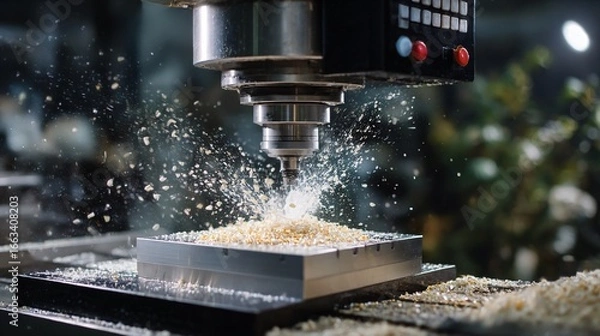 Obraz The machine makes a hole in the metal around which there are chips and dust. The environment is industrial and noisy