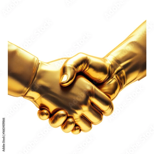 Fototapeta Two golden hands shaking, symbolizing business partnership, isolated on a white background