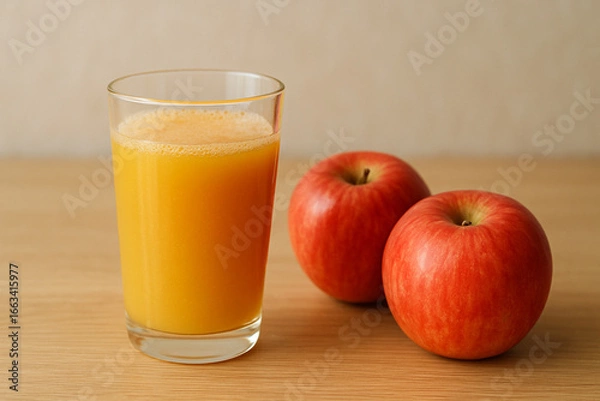 Fototapeta Freshly squeezed apple juice – the process of preparation and pouring into a glass