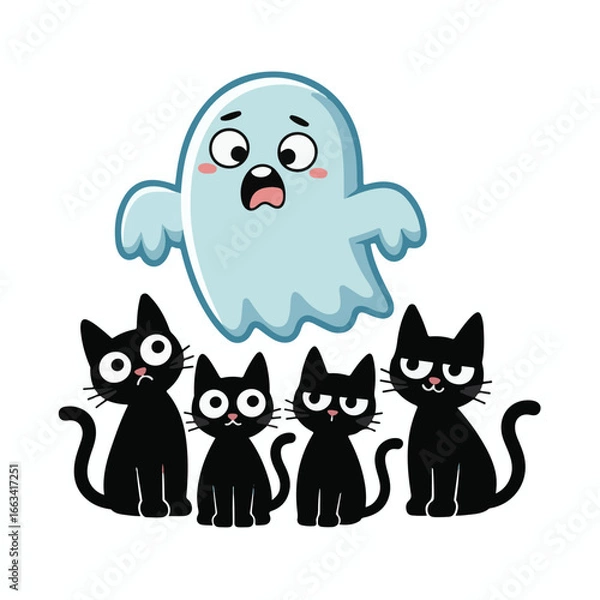 Obraz Scared Ghost Floating Above Four Black Cats halloween