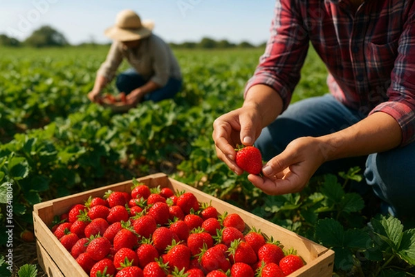Fototapeta Farmers harvesting ripe strawberries and placing berries in a wooden crate on the field