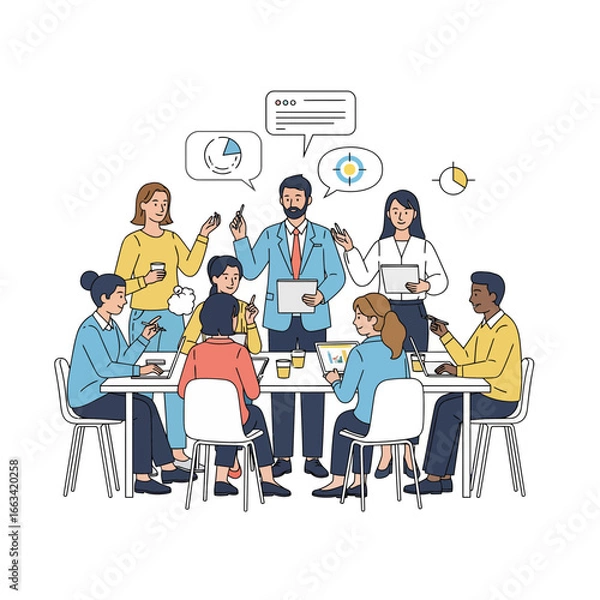 Fototapeta Diverse group of people sitting around a table, meeting and discussing ideas, fostering inclusivity and collaboration