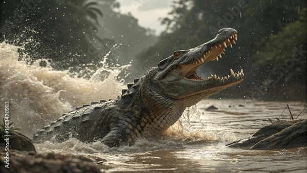 Fototapeta Alligator Resting on Wet River Shore