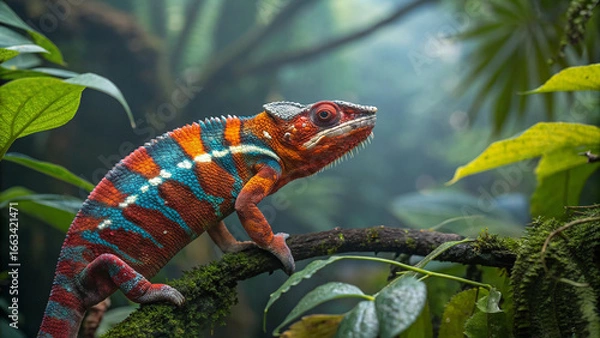 Fototapeta Vibrant Panther Chameleon in Red and Blue Colors