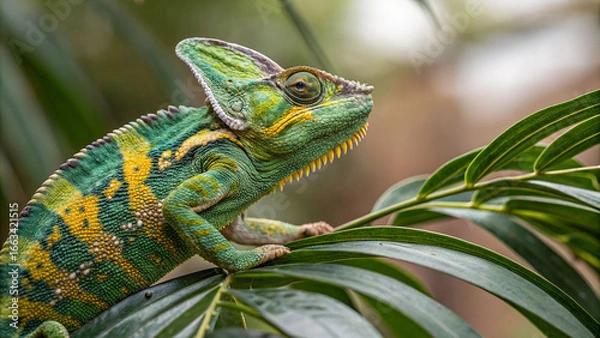 Fototapeta Exotic Reptile Veiled Chameleon Macro View