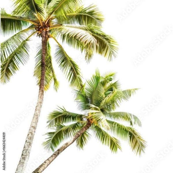 Fototapeta Two tropical palm trees against a white background. Lush green fronds and trunks ascend