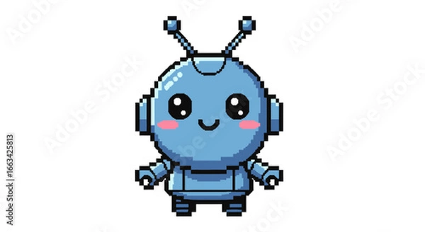 Obraz Adorable pixel art kawaii blue robot icon with blushing cheeks and antennae on an isolated background