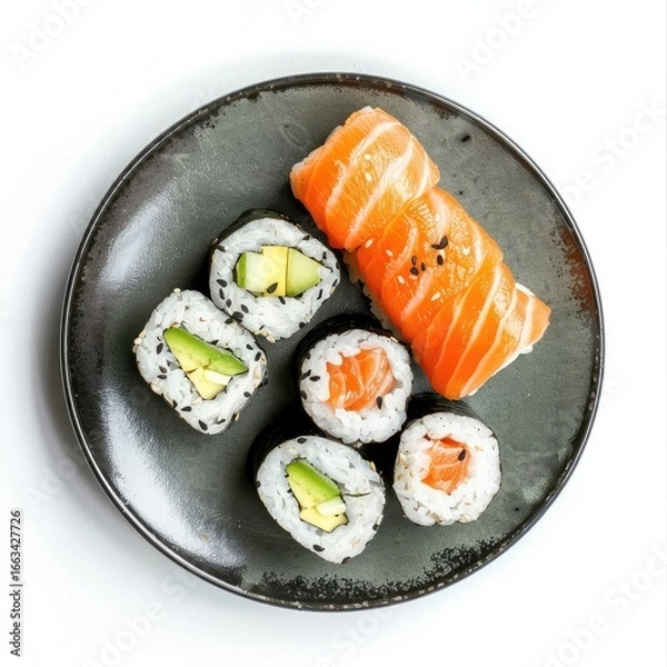 Fototapeta Top-down view of sushi assortment on dark gray plate