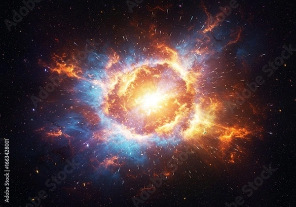 Obraz A breathtaking cosmic energy burst illuminates the vastness of space, showcasing an awe-inspiring celestial phenomenon with dynamic fiery and ethereal blue hues
