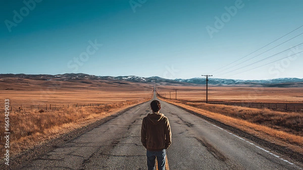 Fototapeta  A young man contemplating life choices on a long empty road (2)