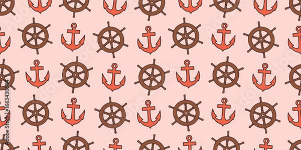 Fototapeta cute hand drawn nautical seamless vector pattern illustration with brown ship rudder and red anchor on pink background