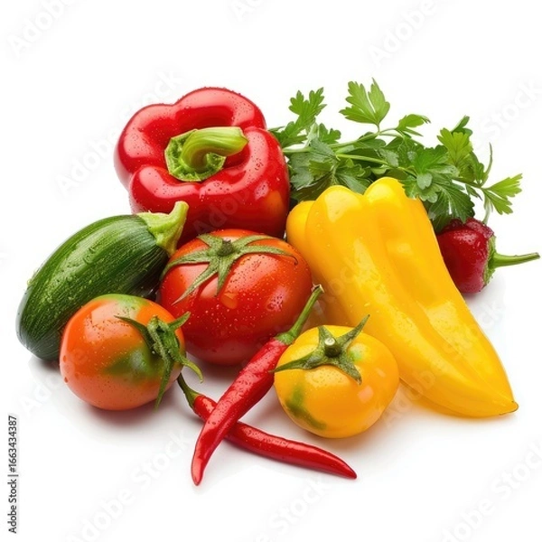 Fototapeta Fresh colorful vegetables, including bell peppers, tomatoes, zucchini, and chili peppers, arranged in a pile against a white background