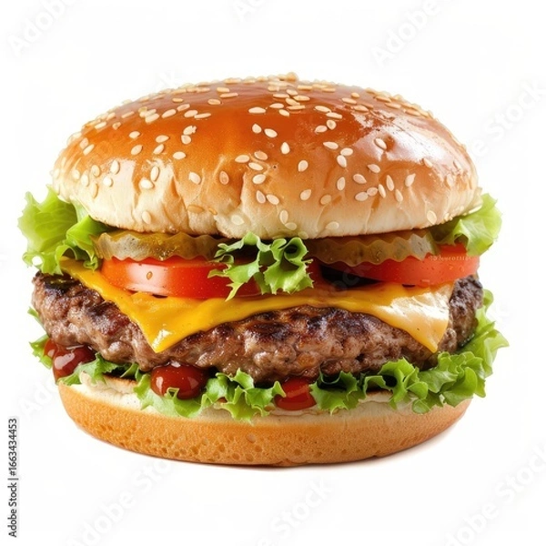 Fototapeta A classic cheeseburger, topped with lettuce, tomato, pickles, and cheese, sits on a sesame seed bun