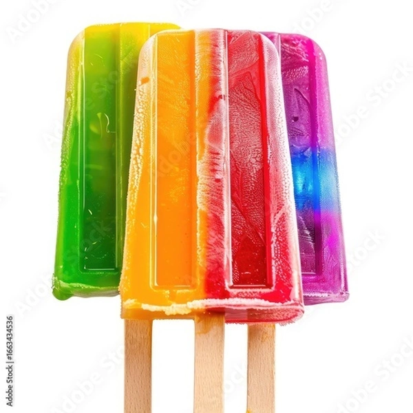 Fototapeta Three colorful popsicles, layered in vibrant rainbow hues of green, orange, and red-purple, displayed against a white background.  Each popsicle has a distinct color gradient, with a wooden stick