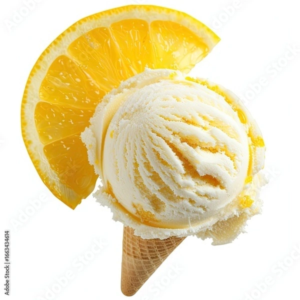 Fototapeta Lemon-flavored ice cream scoop on waffle cone, topped with orange slice