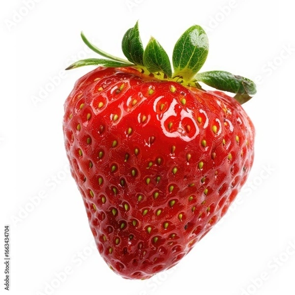 Fototapeta Single, vibrant red strawberry with green leaves.  Fresh, juicy, and in focus against a pure white background