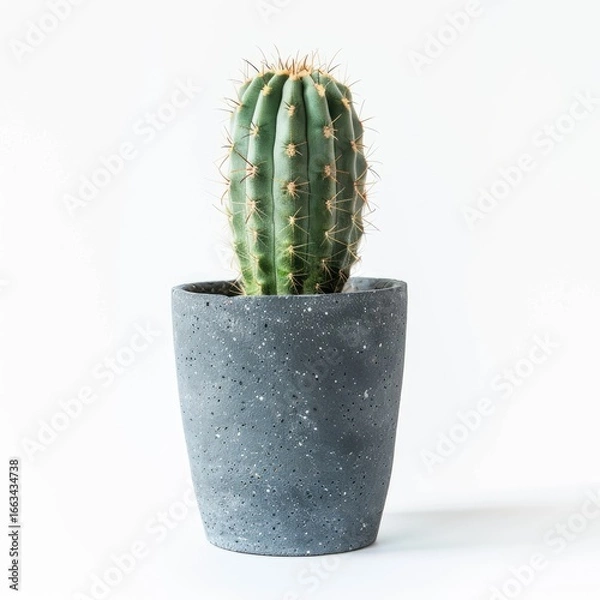 Fototapeta A small, green cactus in a gray speckled pot against a white background