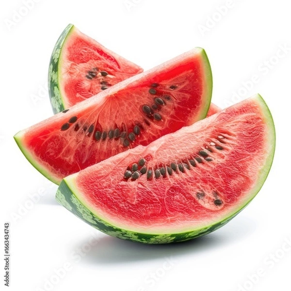 Fototapeta Three watermelon slices, vibrant red flesh, visible seeds