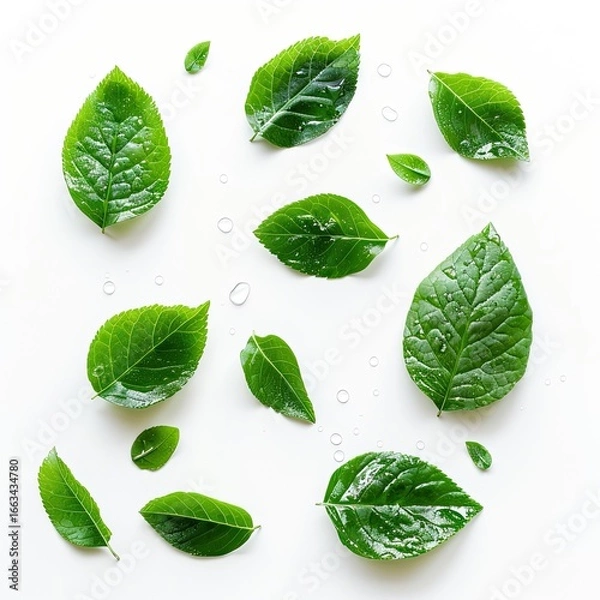 Fototapeta Fresh green leaves scattered on white background with water droplets