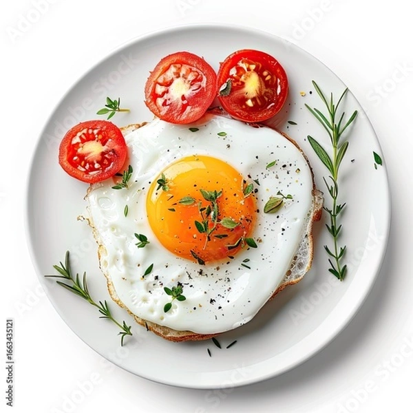 Fototapeta Fried egg topped with sliced tomatoes, fresh herbs, and seasonings on a plate