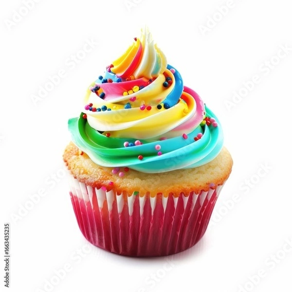 Fototapeta Vibrant rainbow cupcake with colorful frosting and sprinkles
