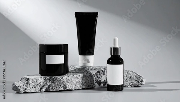 Fototapeta Minimalist Black Cosmetic Product Set on Textured Grey Rock, Featuring Jar, Tube, and Dropper Bottle with White Labels
