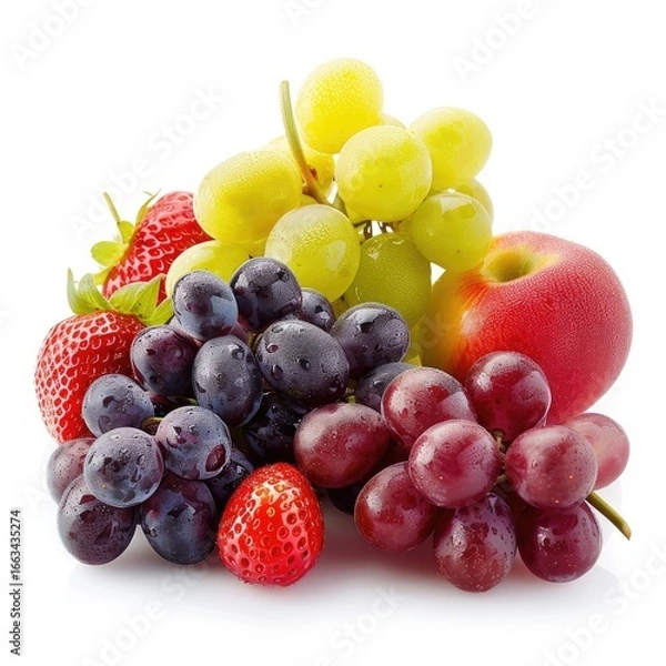 Fototapeta Colorful assortment of fresh fruits, including strawberries, green and red grapes, and a peach-colored apple